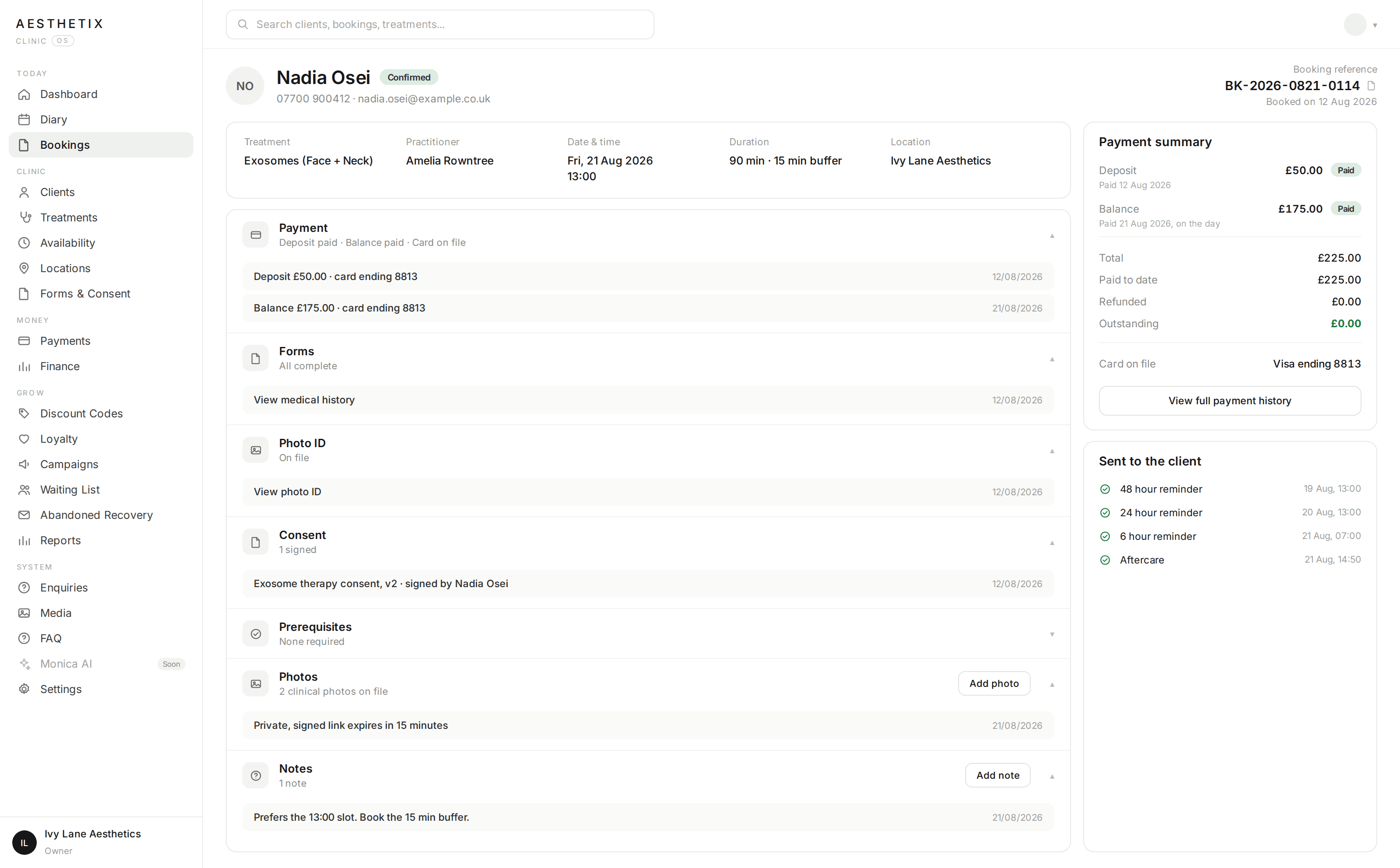 Aesthetix Clinic OS booking record: payment, forms, consent, photo ID and reminders for one client's appointment