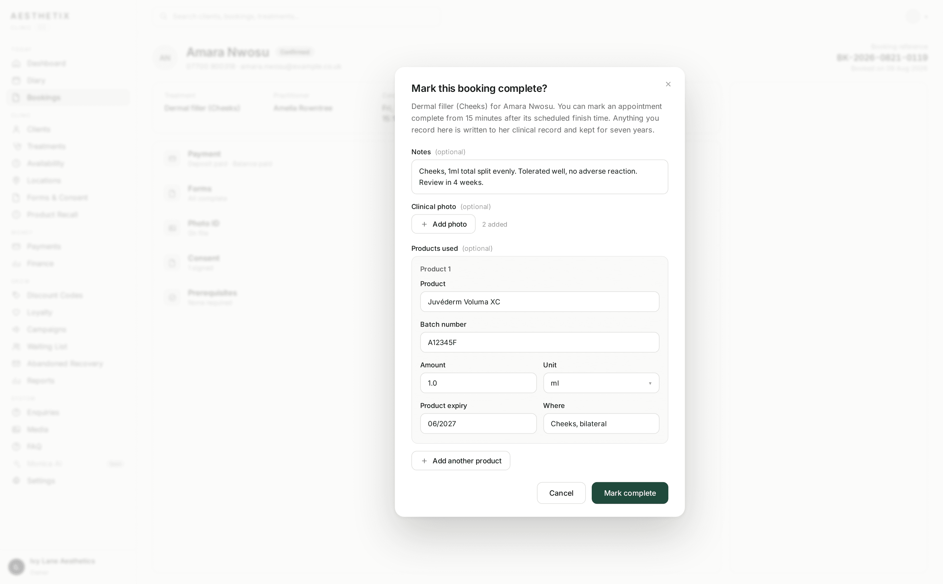 Aesthetix Clinic OS 'Mark this booking complete?' dialog: treatment notes, clinical photos added, and product, batch number, amount and expiry recorded