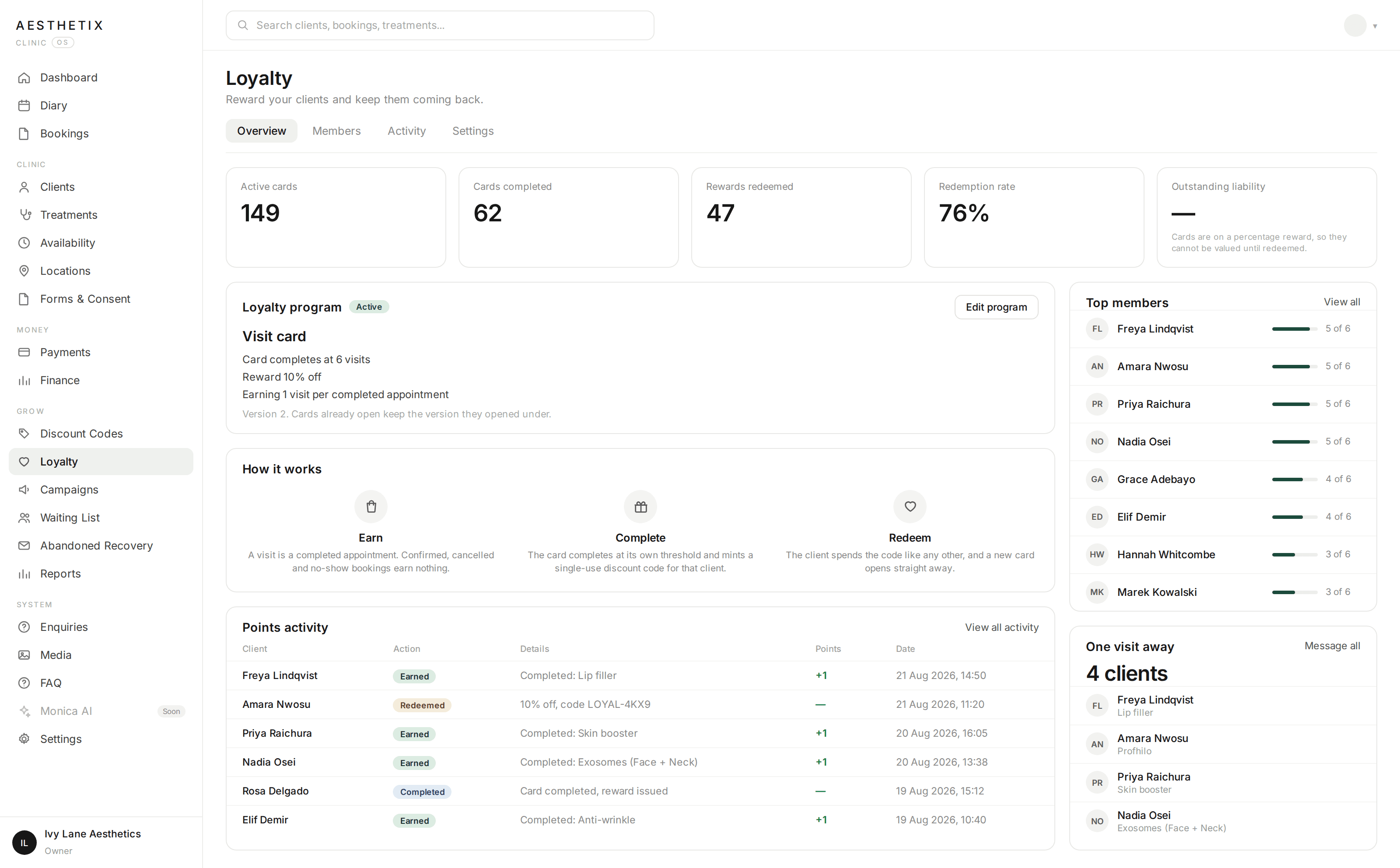 The Aesthetix Clinic OS loyalty screen: points, rewards and member activity