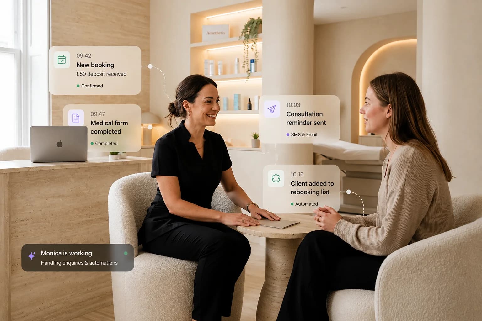 A practitioner and client talking in clinic, with live operational activity: a new booking, a completed medical form, a consultation reminder sent, and a client added to the rebooking list